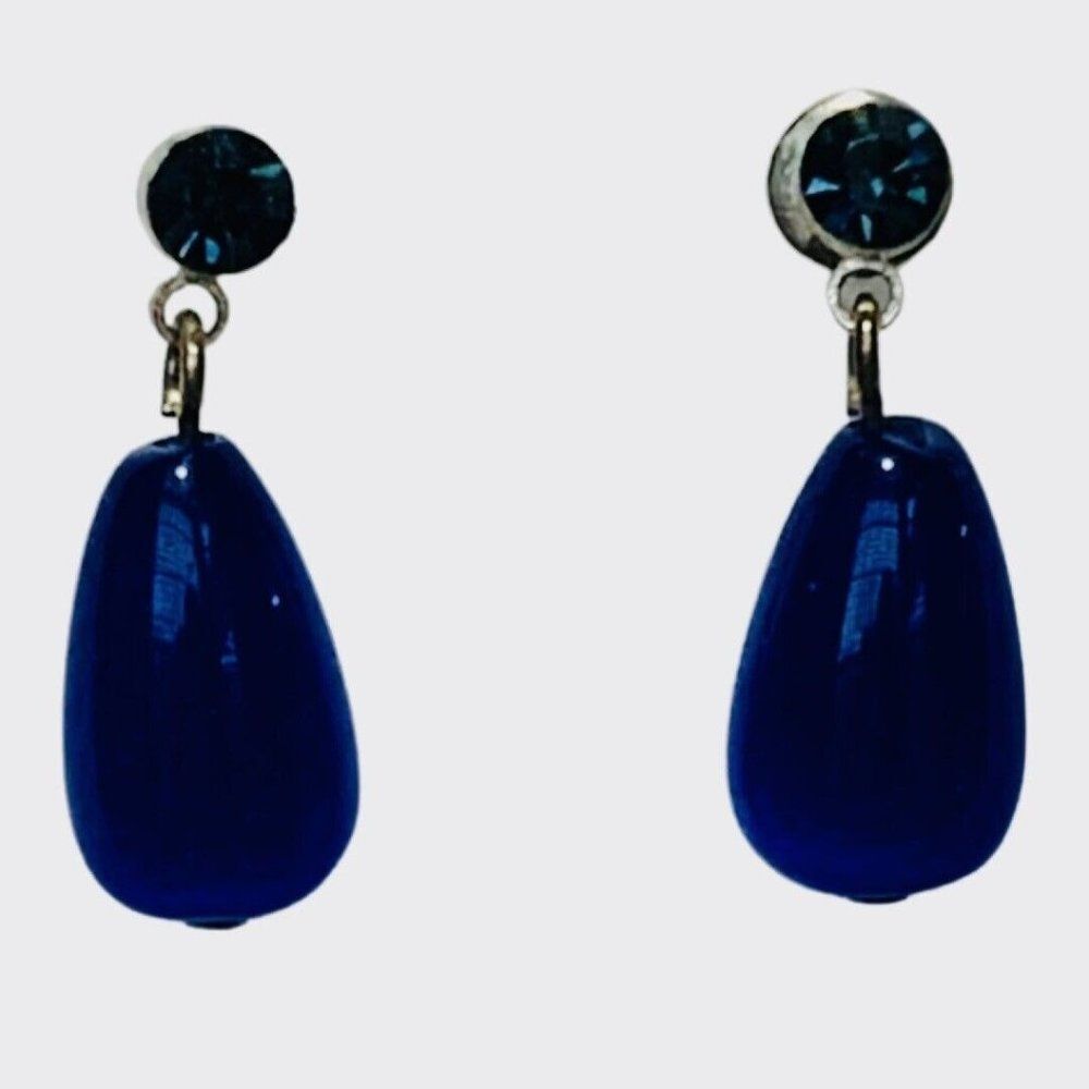 Vintage Royal Blue Glass Beaded Rhinestone Drop Dangle Pierced Women’s Earrings